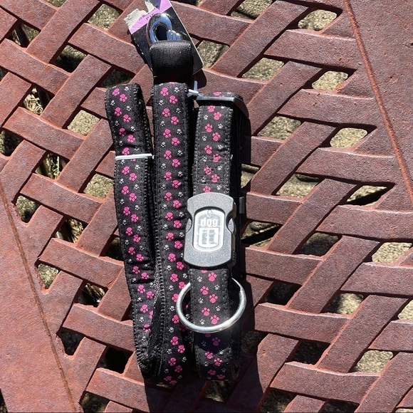 Dog It Collar & Leash Set Black With Pink & Gray Paw Prints, SilverTone… - Picture 1 of 8